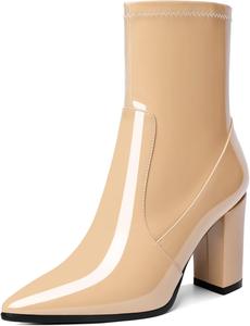 Женские ботильоны AUMOTED с блок-каблуком, массивный высокий каблук, короткие ботинки, заостренный носок, боковая молния, модные удобные ботинки для выхода, каблук 3,4 дюйма, Beige