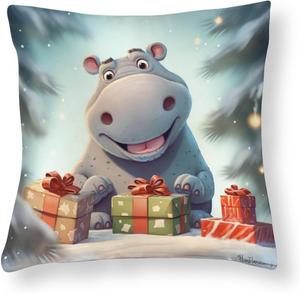 HighonHi Чехол для декоративной подушки I Want A Hippopotamus for Christmas сатиновый квадратный с мультяшным бегемотом в санта-шапочке Pattern-8