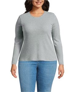 Легкая футболка больших размеров с длинными рукавами и круглым вырезом из вафельной ткани Lands' End, Gray mini breton stripe