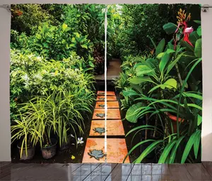 Штора ABAKUHAUS Zen Garden Rustic, тропический принт, для спальни, присборенная, с петлями и крючками, 280 x 245 см, светло-зеленый, коричневый Abakuhaus