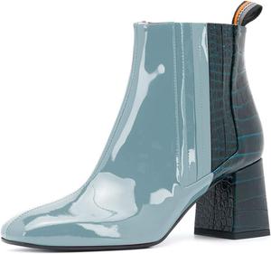 Женские ботильоны YDN с двухцветным дизайном, массивным средним каблуком, модель Челси, с панельной отделкой, квадратным носком, на носку, из лакированной кожи, Blue-Teal