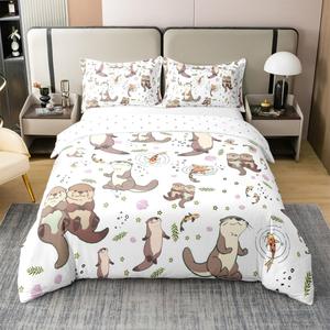 Erosebridal Комплект постельного белья Lap Otters из 100% хлопка с морским принтом в бежево-белых тонах, Beige White