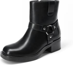 Женские ботильоны DREAM PAIRS с боковой молнией, мотоботинки с квадратным носком, массивным низким каблуком и модными пряжками, байкерские ботинки для езды, Black