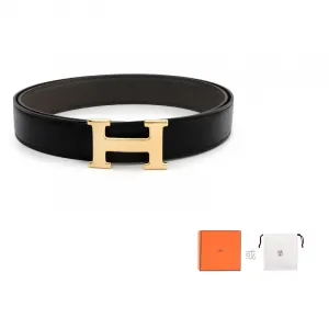 HERMES Мужской кожаный ремень из коровьей кожи черный серый оловянный ширина 3.2 см, Black/Tin Gray