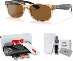 Солнцезащитные очки Ray-Ban RB2132 поляризованные New Wayfarer квадратной формы для мужчин и женщин + комплект с аксессуарами, Honey / Brown Polarized