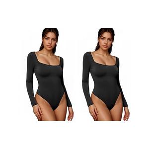 2 упаковки женского боди с длинным рукавом, приталенного силуэта, с квадратным вырезом и эффектом контроля живота Inspire Chic, Black