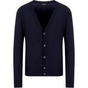 Простой трикотажный кардиган из шерсти Virgin wool с V-образным вырезом EMPORIO ARMANI, синий