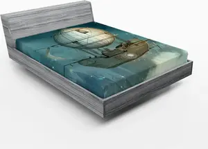 Простыня на резинке ABAKUHAUS в стиле стимпанк, Фантастический дирижабль над футуристическим городом, полным небоскребов, 150 x 190 см, цвет Синий загар Abakuhaus