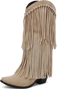 IYZXZYI Женские розовые замшевые сапоги Fringe, высокие сапоги вестерн с кисточками, заостренный носок, модные слипоны