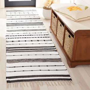 Ковер-дорожка SAFAVIEH, 69 x 275 см, Striped Kilim Collection, Ivory & Black, плоское плетение с бахромой, хлопок, простой уход, идеально для помещений с высокой проходимостью в гостиной, спальне (STK201A)