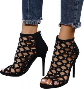 Женские туфли-лодочки на высоком каблуке ZBYY, летние босоножки с перекрестными вырезами, каблуки-стилет, задняя молния, праздничные сандалии, Black 10.5