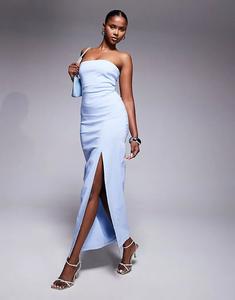 Длинное платье-бандо Vesper bengaline с разрезом на бедре светло-голубого цвета