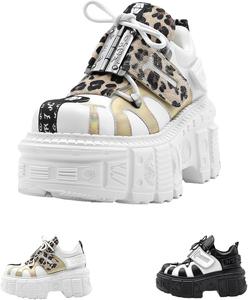 TAURAOO Женские готические панк-башмачки на платформе до щиколотки, визуальный кэй-гранж метал с пряжками, леопардовый принт, контрастные блоки, боевые байкерские сапоги, противоскользящие для повседневной моды и субкультурных мероприятий