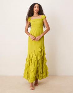 Длинное платье-бюстье Anaya Ruffle Bardot цвета лайма