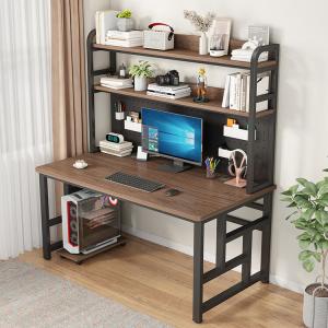 Компьютерный стол Xinmeikai 160x60x170 см с полками, черная рама, цвет темный орех