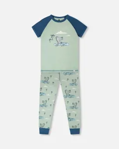 Пижамный комплект из двух частей из органического хлопка, зеленый с крокодиловым принтом Deux Par Deux