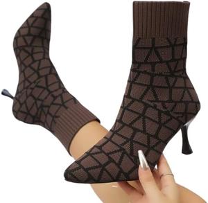 Женские трикотажные ботильоны с зауженным носком, с милым каблуком, для нарядного и повседневного ношения Generic, Brown