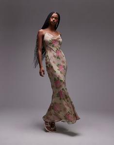 Платье-комбинация макси из двухслойного атласа и шифона Topshop с принтом цвета слоновой кости и розовой розы