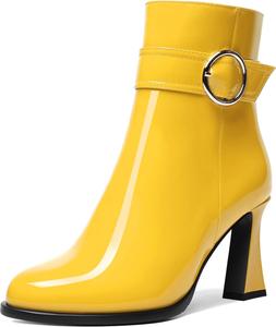 Женские ботильоны AMBELIGHT с круглым носком, для вечеринок, модные, лакированные, однотонные, с молнией, на высоком каблуке 3,3 дюйма, Yellow