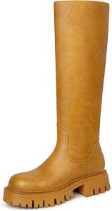 Женские высокие сапоги на платформе до колена, комфортные, эластичные, с круглым носком, массивным каблуком, высокие сапоги с боковой молнией, платье, повседневные длинные верховые сапоги Bouwno, Banana