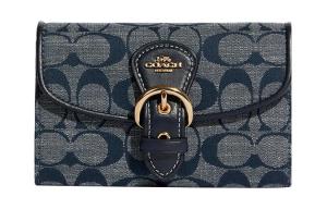 Льняной клатч-кошелёк с кожаными вставками мини женский джинсово-синий COACH