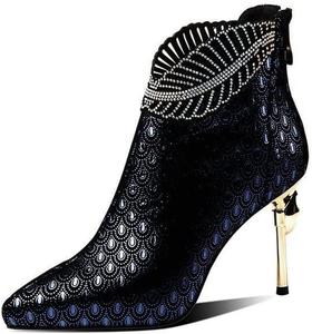 Женские Ботильоны со Стразами на Каблуке-Шпильке, Высокий Каблук, Блестящие Короткие Ботиночки, Модные Туфли с Узором «Павлин» Kldyj, Blue