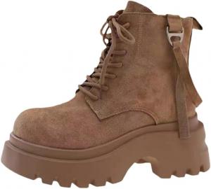 Женские короткие ботинки с круглым носком и толстой подошвой - утепленные для зимы и осени - на шнуровке - противоскользящие и долговечные. Fusecottc, Khaki