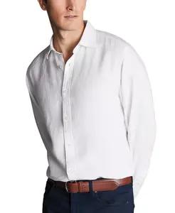 Мужская приталенная длинная рубашка из льна с застежкой на пуговицы Charles Tyrwhitt, белый