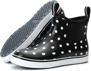 Женские ботинки Furuian на плоской подошве, ботинки до щиколотки, дождевые ботинки, рыболовные сапоги, резиновые водонепроницаемые противоскользящие уличные рабочие обувь, Black White Polka Dots