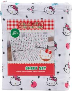 Комплект постельного белья из хлопка с рождественской тематикой Hello Kitty от Jay Franco & Sons, Inc. (белый - с изображением остролиста, розовых бантиков, синих подарков, розовых яблок, размер King)