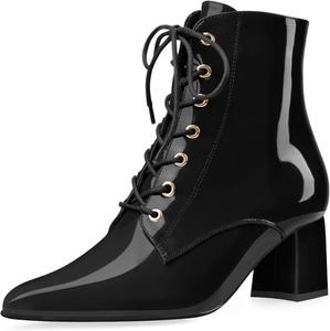Женские массивные ботильоны Z.Oufeier с низким широким каблуком, викторианские ботинки, модные кожаные с шнуровкой, с заостренным носком и каблуком, Black Patent