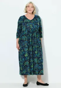 Платье-Свитер с асимметричным кроем и рукавами 3/4, украшенными узором «пейсли», с карманами. Ulla Popken, Marine