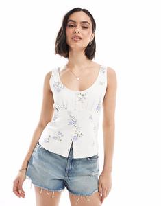 Топ Hollister из льна с глубоким вырезом на пуговицах в синем цветочном стиле