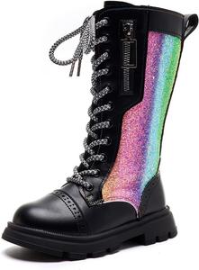Детские сапоги kkdom для девочек до колена с шнуровкой и боковой молнией, средней длины, боевые/наездные, блестящие радужные зимние сапожки для детей, для вечеринок, Рождества и праздников, Black