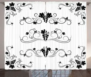 Штора ABAKUHAUS Виноград в деревенском стиле, фрукты с завитками, универсальные ленточные шторы для гостиной с петлями и крючками, 280 x 225 см, цвет: антрацитовый серый и белый Abakuhaus