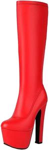 Женские высокие сапоги до колена из лакированной кожи на платформе с высоким каблуком, без застежки Generic, Red Pu
