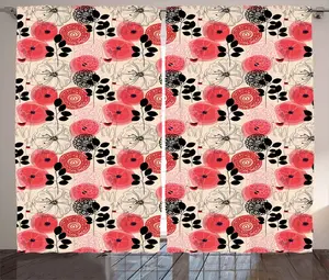 Штора ABAKUHAUS с цветочным рисунком в деревенском стиле, с круговым узором, для спальни, со сборками, петлями и крючками, 280 x 175 см, розовая с черным