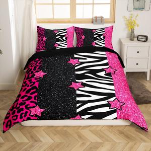 Erosebridal Комплект постельного белья Leopard Print с леопардовым принтом и розовыми звездами из легкого материала, Pink
