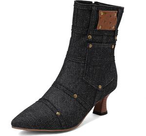 Женские джинсовые ботильоны BEAUPAS с низким каблуком, заостренным носком, грубой подошвой и винтажной молнией, Black