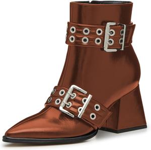 Женские ботильоны FSJ с заостренным носком и высоким толстым каблуком, с двойным металлическим ремешком, заклепками, короткие с боковой молнией, стильные панк-ботинки для вечеринки, размеры 4-16 US, Brown