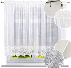 Штора "Кафе" белая вуаль 200x150 см - 1 шт. - Короткая штора с кружевом (гипюром), прозрачная, гладкая, универсальная, для кухни и гостиной NOW-ART