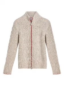 Кардиган с косой вязкой и застежкой-молнией спереди Brunello Cucinelli Kids, нейтральный