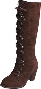 Викторианские женские сапоги винтажные с шнуровкой, замшевые готические сапоги, средневековые ренессансные высокие сапоги до колена с массивным каблуком, обувь на Хэллоуин для косплея ведьмы Generic, Brown