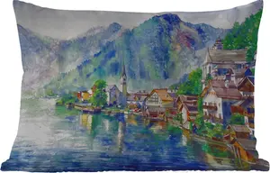 Подушка для улицы - Живопись - Масляная краска - Дом - Горы - Вода - 60x40 см - Устойчива к погодным условиям - Подушка для отдыха - Декоративная подушка - Подушка для дома MuchoWow