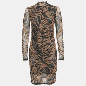 Короткое платье Hugo Boss из эластичной сетчатой ​​ткани с принтом и драпировкой коричневого цвета