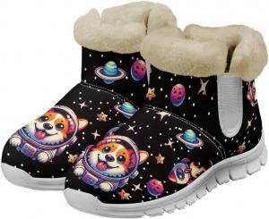 Женские снегоступы JoyLamoria с принтом Счастливого Санта-Клауса, рождественские мини-сапожки для девочек, теплые пушистые ботинки для прогулок, модные низкие кроссовки для улицы, пушистая обувь, Galaxy Corgi Planet Space