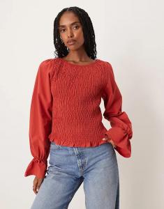 Блузка ASOS DESIGN из льняной смеси со сборками, красного цвета