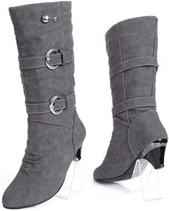 Женские зимние сапоги VOKLIN с пряжкой, средней высоты, широкие по голенищу, с круглым носком, на низком каблуке kitten, теплые, свободного кроя, Gray Grey-Velvet Lined