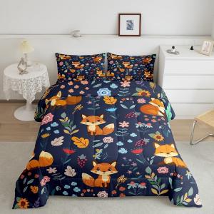 Erosebridal Комплект постельного белья Cartoon Fox с богемским принтом из диких цветов и листьев для детской комнаты, Orange Blue