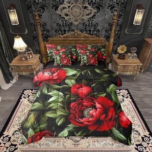 Erosebridal Комплект постельного белья Red Flowers с ретро-цветочным принтом в стиле масляной живописи, садовый декор, Red Green Black